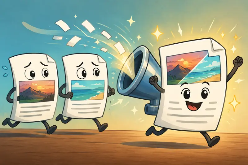 Conceptual illustration showing document pages being combined while preserving image quality