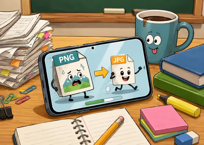 Teacher using a PNG to JPG converter on mobile to prepare classroom materials