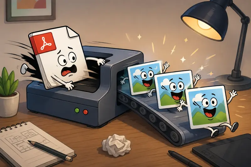 Designer workflow showing convert PDF to JPG process from document pages to image assets