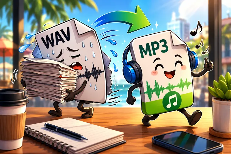 Mobile freelancer using a WAV to MP3 converter workflow for audio file delivery