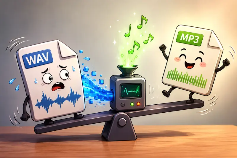Audio file transformation process from WAV recordings to optimized MP3 files