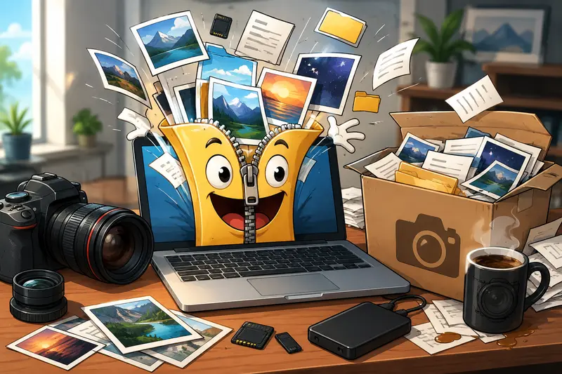 Photographer organizing extracted files from an archive extractor online workflow