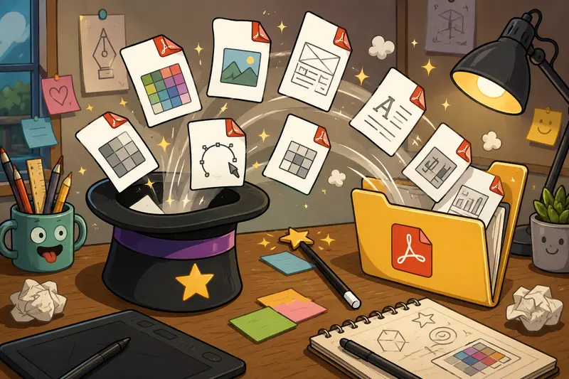 Designer workflow showing merge PDF files process across multiple creative documents