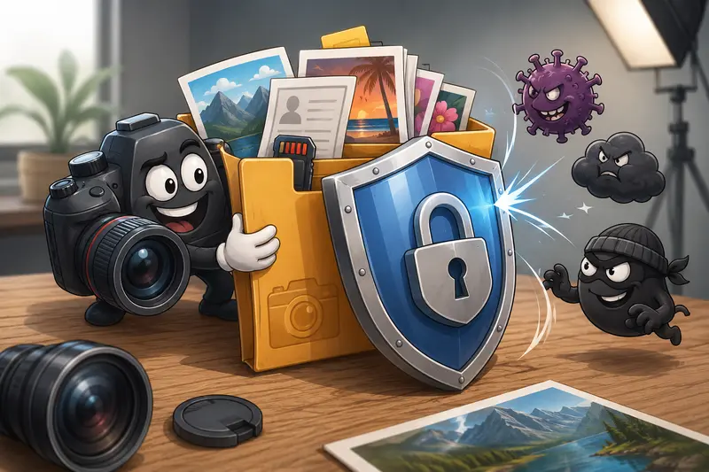 Photographer using secure file sharing workflow to protect image files before sending