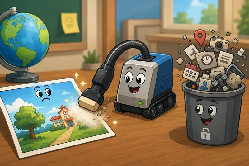 Conceptual illustration showing hidden metadata being removed from educational images