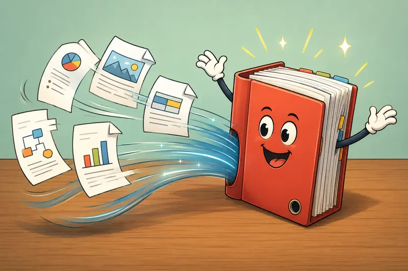 Workflow showing multiple presentation PDFs merging into a single organized document