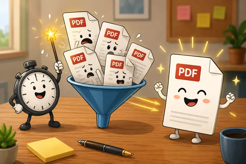 Document workflow showing multiple PDFs becoming one merged PDF