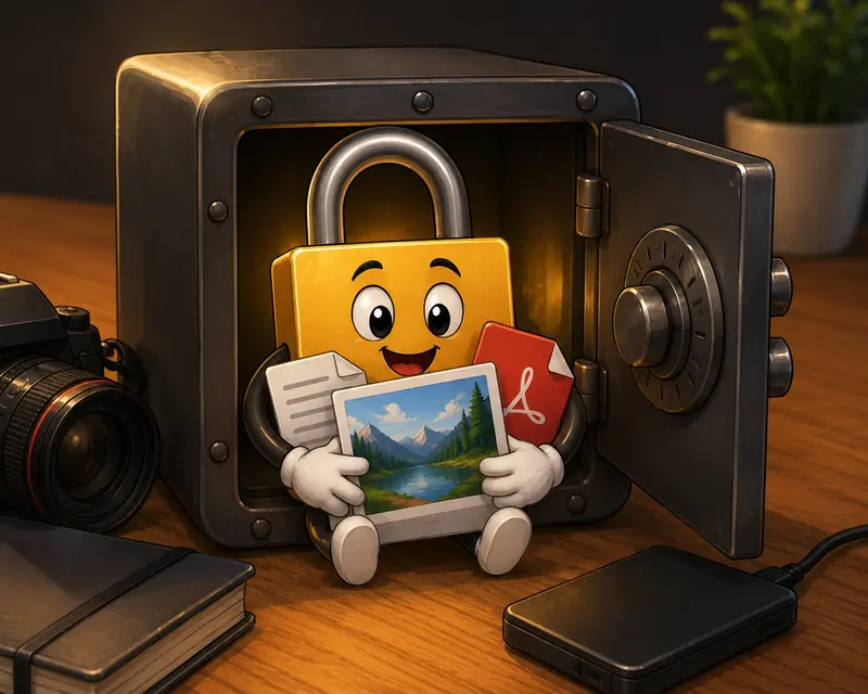 Photographer organizing documents and images before encrypt files online process