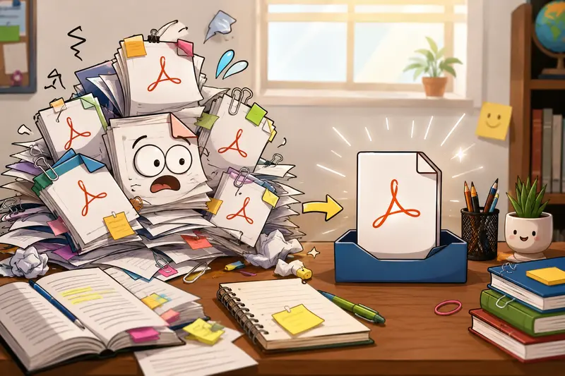 Student organizing and merge PDF files from multiple study documents into one report