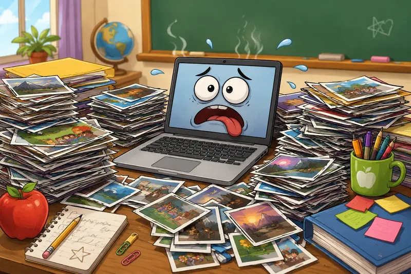 Teacher organizing classroom images while compressing JPG without losing quality for sharing