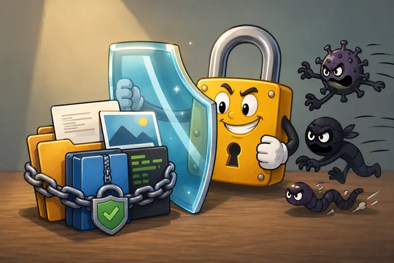 Encrypted file package moving through a secure developer collaboration workflow