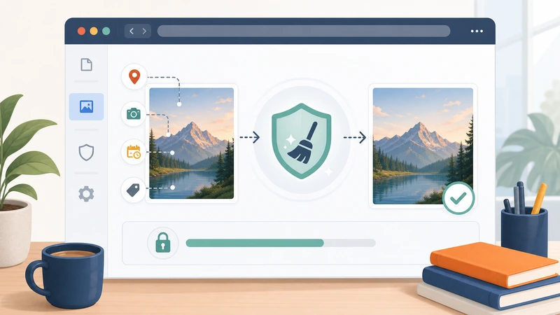 Illustration of cleaning hidden metadata from an image in a browser before sharing