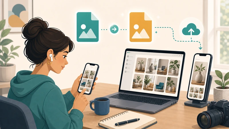 Illustration of converting image files on mobile and using the results across devices and browser galleries
