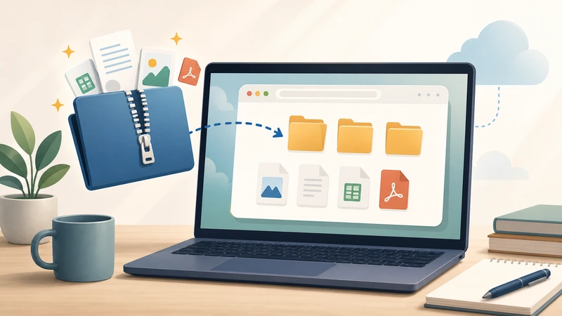Illustration of a ZIP archive opening into organized files in a browser workspace