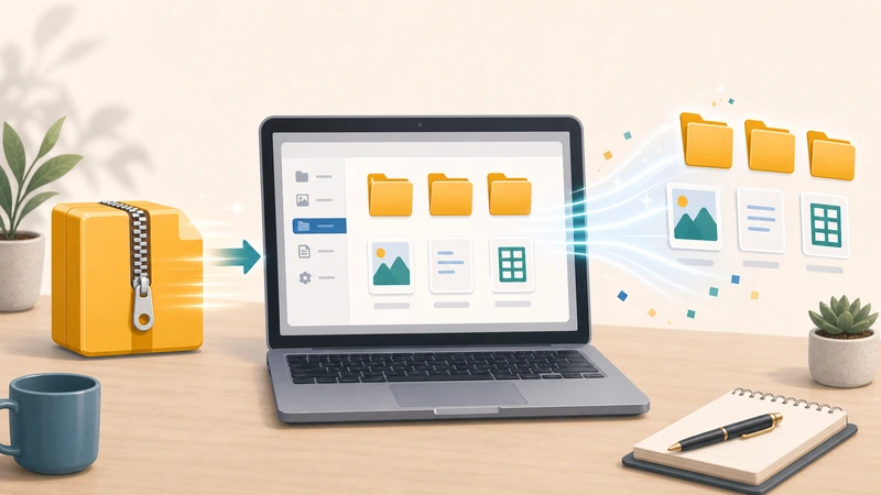 Illustration of extracting a compressed archive quickly and surfacing the files needed for work