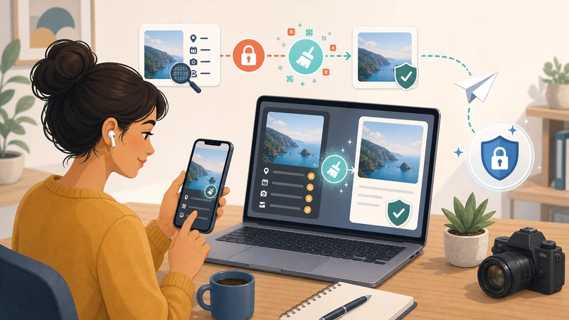 Illustration of removing hidden metadata from photos before sharing them more safely online