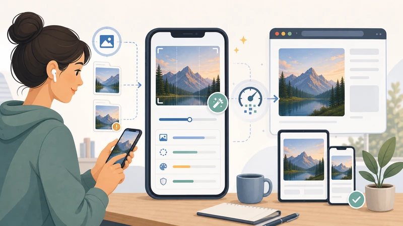 Illustration of optimizing website images on a phone and publishing them across devices