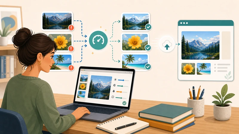 Illustration of optimizing presentation images before upload so they load faster and stay classroom-ready